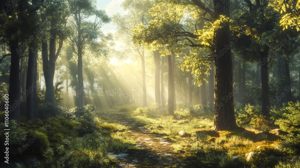 Poster Sunlight filtering through dense trees in a misty forest creates an enchanting atmosphere along a path