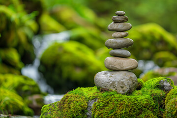 Balanced stack of smooth stones on mossy rocks.