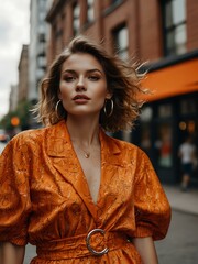 Fototapeta premium Fashionable woman in vibrant orange attire posing in the city.