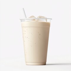 Glossy plastic cup filled with iced almond milk, light beige liquid with ice cubes evenly dispersed, no straw but a flat lid with a small sip slot, subtle water droplets forming, white background,