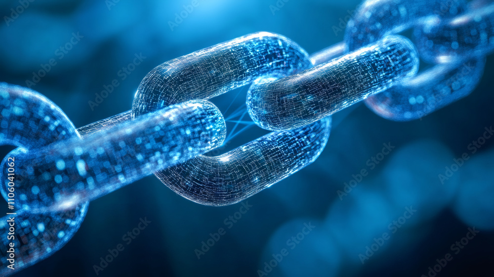 Poster futuristic blockchain network forming secure digital links, symbolizing cryptography and decentraliz