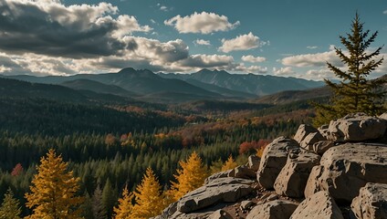 Fast time-lapse of aqua sky, clouds, and shadows over rocks with a mountain and autumn forest view.