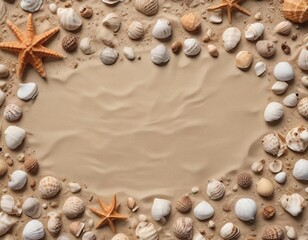 Fototapeta premium High angle view of sand closeup with seashells, overhead shot, ocean floor, seafloor