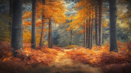 Obraz premium Autumnal Forest Path Through Golden Trees