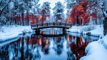 Scenic winter landscape featuring a wooden bridge over a serene, reflective stream surrounded by snow-covered trees and glowing autumn leaves.  
