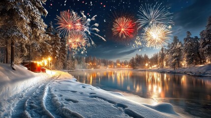 Fireworks Reflecting on Frozen Winter Lake  
