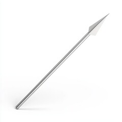A javelin with a slim metal shaft, sharp point, and aerodynamic design, placed on a white background for a clear view of its structure, Photorealistic