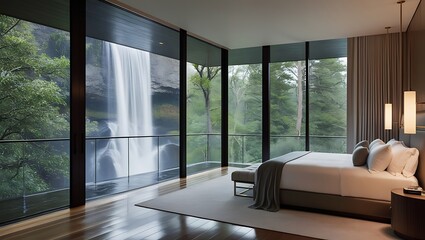 Obraz premium This luxurious bedroom features a spacious, modern design with expansive glass walls that offer a breathtaking view of a forest waterfall. The scene outside is further enhanced by a light rainfall.