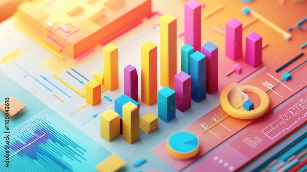 Poster an infographic-style image displaying a vibrant 3d bar chart alongside various data points, with arr