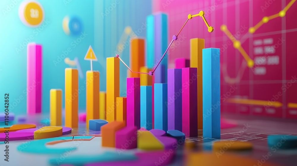 Poster an infographic-style image displaying a vibrant 3d bar chart alongside various data points, with arr