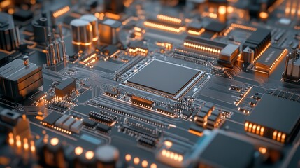Close-up of a computer CPU on the mainboard, highlighting the intricate design of the chipset and surrounding components, ample blank area for logo, modern high-tech appearance, Photorealistic