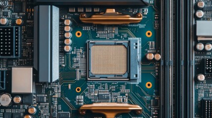 Fototapeta premium Close-up of a modern computer CPU on the motherboard with detailed microchips, capacitors, and traces, space available for logo placement, clean and sharp design, Photorealistic