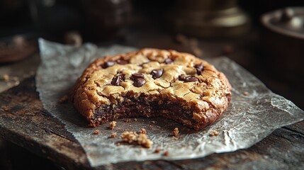 Fototapeta premium Close-up of a warm, gooey chocolate chip cookie with a bite taken, on rustic parchment paper.