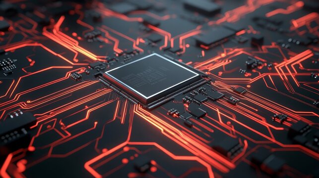 Extreme close-up of a CPU and motherboard, showing the chipset and fine traces, modern design with plenty of space for logo customization, Photorealistic