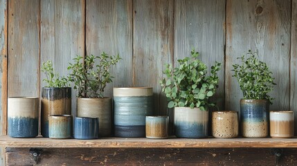 Fototapeta premium Collection of Ceramic Planters with Greenery Displayed on a Rustic Shelf, Showcasing Various Shapes, Colors, and Textures in a Natural Setting