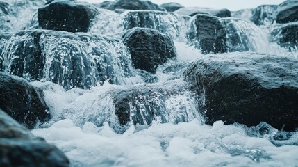 A serene scene of cascading water over rocks, creating a tranquil ambiance with splashes and bubbles.