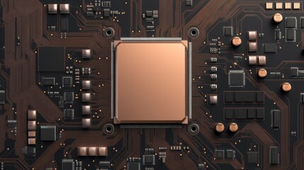 Fototapeta premium Detailed close-up of a computer CPU with a circuit board background, including capacitors and chips, space reserved for logo placement, Photorealistic
