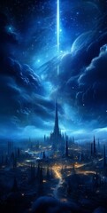 Fototapeta premium Celestialpunk Universe with Azure Stars and Snowy Lightning Waves