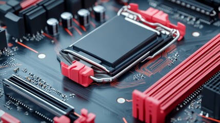 Detailed close-up of a high-tech CPU on a futuristic motherboard, illuminated traces, neon-colored connectors, and capacitors, plenty of space for logo insertion, Photorealistic