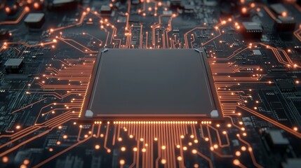 High-tech futuristic close-up of a CPU surrounded by glowing, illuminated circuit paths, digital connections, and ample blank area for logo placement, Photorealistic