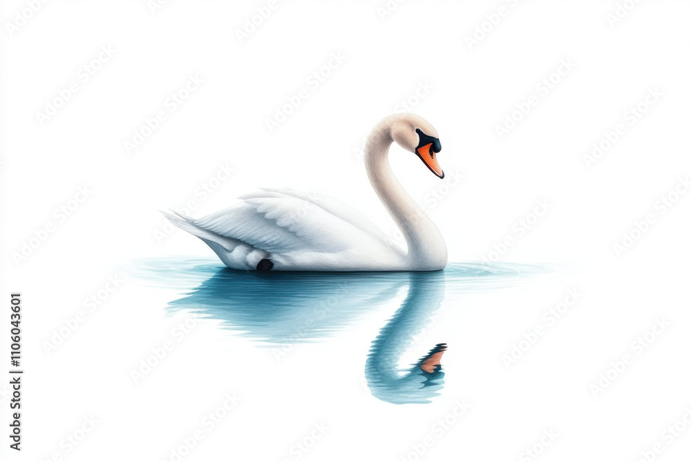 Poster a graceful swan glides on calm waters, creating a serene reflection in a minimalist environment.