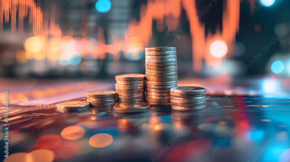 Poster digital screen in background displaying stacks of coins representing growing profits from successful