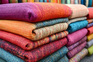 Colorful woven textiles stacked neatly in a vibrant display, showcasing diverse patterns and textures.
