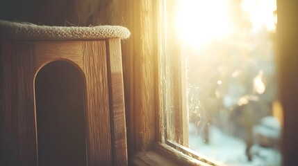 A close-up shot of a small wooden cat door installed in a traditional wooden door, with soft sunlight streaming through a nearby window. The frame of the door is worn with age, showcasing the 