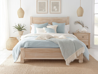 Coastal Bedroom with White-Washed Wood Bed Frame, Soft Blue and Beige Textiles, Woven Jute Rug, and Natural Textures for a Serene Beach-Inspired Retreat