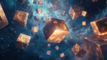 Cosmic Cubes Glowing Celestial Blocks Drifting in Nebula