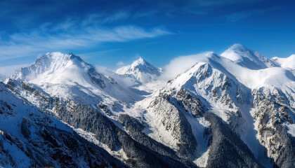 Obraz premium A breathtaking view of majestic mountain peaks blanketed in fresh snow, set against a clear blue sky, showcasing the beauty and tranquility of winter in nature.