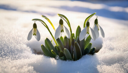 Delicate snowdrop flowers gracefully emerge from the snowy ground, symbolizing the arrival of spring, with their white petals contrasting beautifully against the cold, white snow.