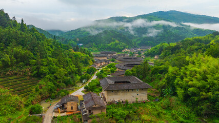 Aerial view of the Hekeng Tulou complex in the early morning of summer