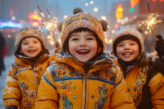 Joyful children with sparklers in winter clothing celebrating outdoors with colorful lights.
