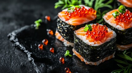 Close-up of four pieces of salmon sushi, garnished with red caviar and green onions, served on a black slate.