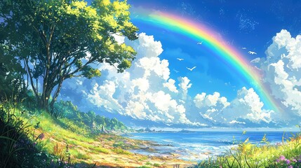 Obraz premium Vibrant Rainbow Arching Over a Bright and Sunny Coastal Landscape with Lush Green Trees and a Clear Blue Sky