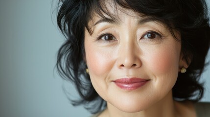 Naklejka premium A close-up of an Asian woman smiling softly against a simple background, emphasizing her features