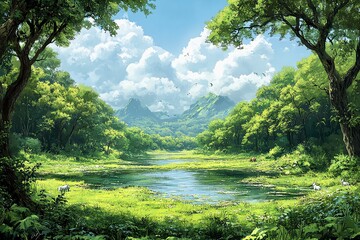 Serene green landscape with lush trees, clear sky, and peaceful water reflecting the vibrant natural surroundings.