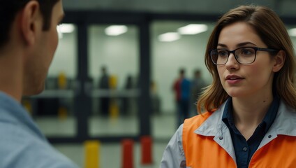 Fototapeta premium Female engineer talking to a coworker, wearing a reflective jacket.