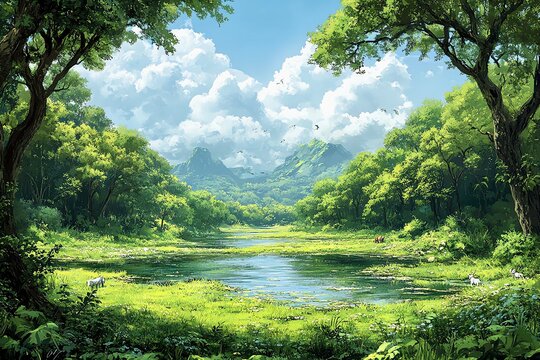 Serene green landscape with lush trees, clear sky, and peaceful water reflecting the vibrant natural surroundings.