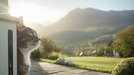 Close-up of a cat's whiskers and nose near a pet door, merged with an image of a peaceful outdoor scene. 