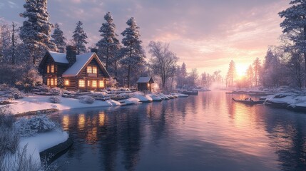 Obraz premium A serene winter landscape with cozy cabins by a river at sunset.