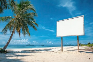 Blank billboard on a tropical beach with palm trees swaying and turquoise waters in the background.