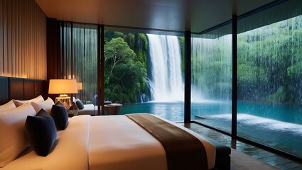 This luxurious bedroom blends sleek, modern design with the breathtaking beauty of nature. The expansive glass wall offers a panoramic view of a lush, cascading waterfall.