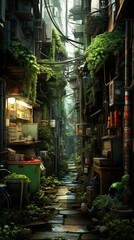 Naklejka premium Rustic Underground City Alley with Kitsch and Japanese Inspiration