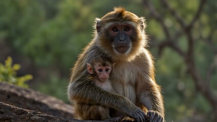 Fototapeta premium Female monkey with baby in Daulatabad, India.