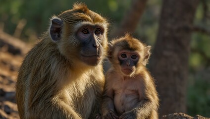 Obraz premium Female monkey with baby in Daulatabad, India.