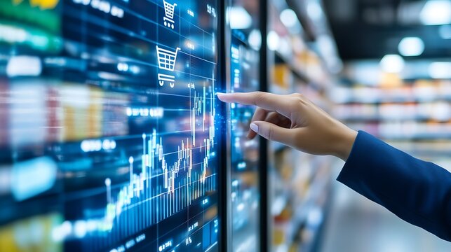 Person Interacting with Digital Shopping Cart and Stock Market Data Display - Powered by Adobe