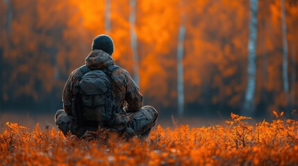 A solitary hiker in rugged outdoor gear calmly sits amidst a vibrant autumn landscape, embracing the serene beauty of nature in a contemplative moment