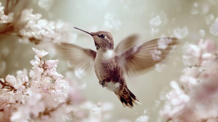 Hummingbird in Flight Near Delicate Pink Blossoms